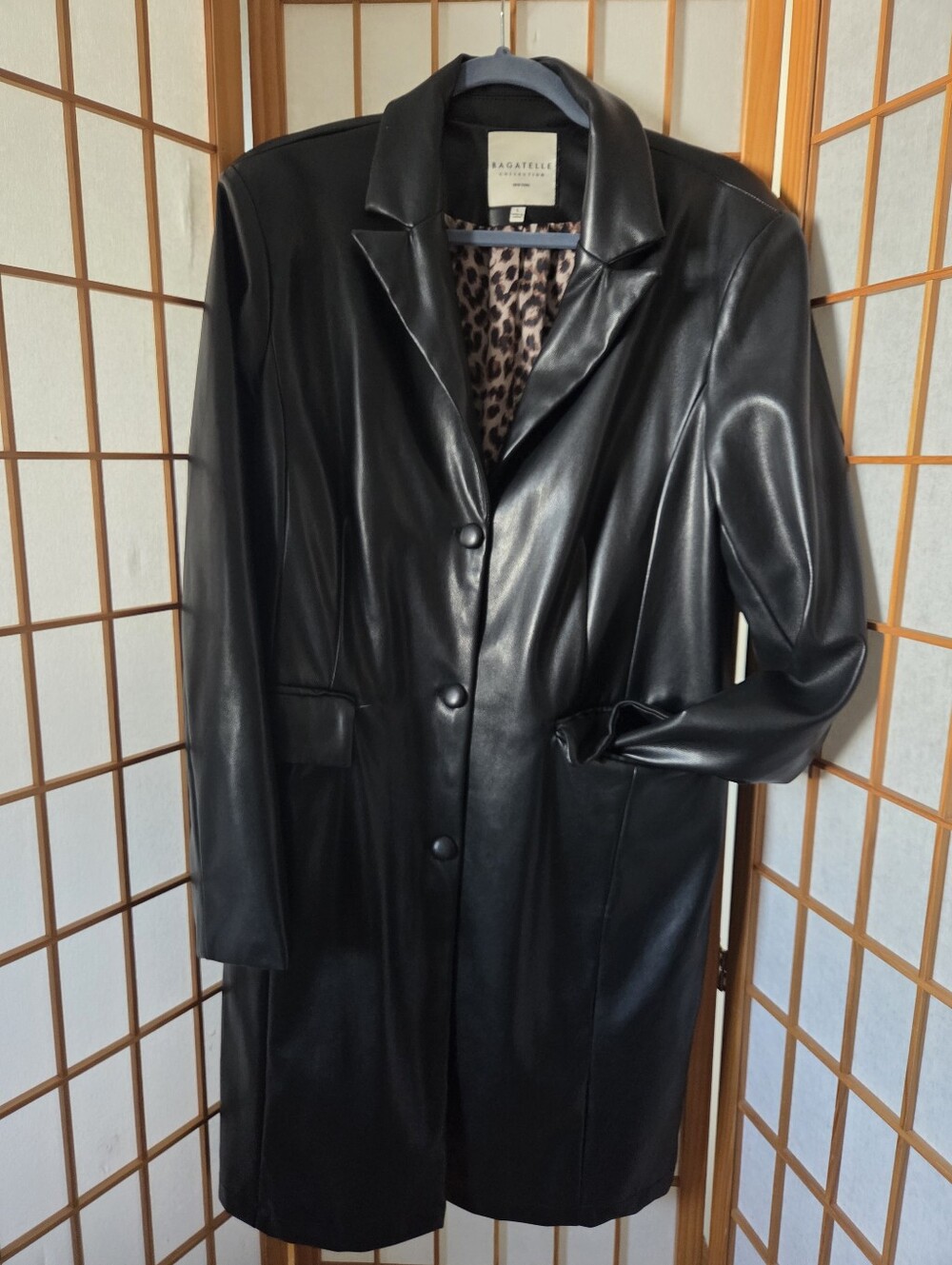 NEW WOMENS BAGATELLE COLLECTION NY BLACK FAUX LEATHER KNEE LENGTH COAT LARGE